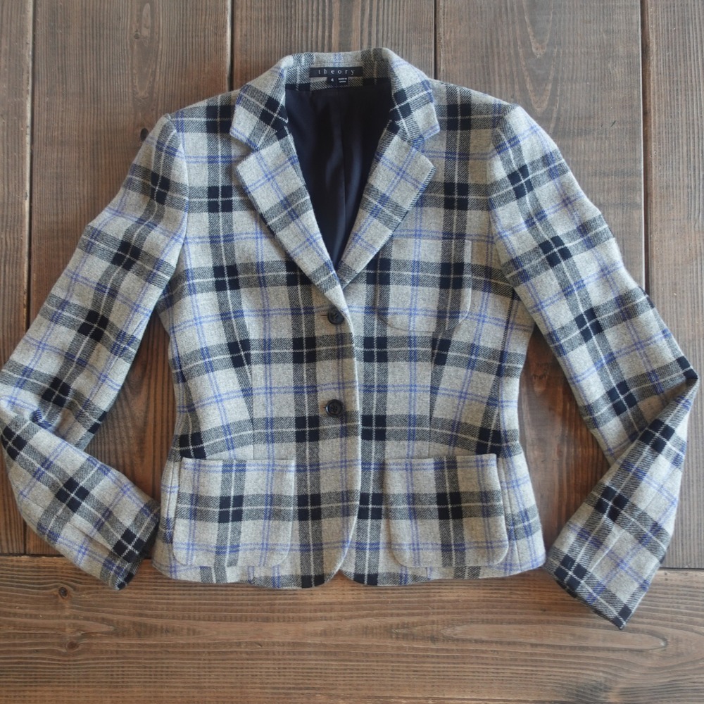 Theory Plaid Wool-Blend Blazer in Cream, Navy & Black
